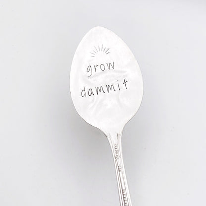 Grow Dammit, Plant Marker, Vintage Spoon Plant Stake, Hand Stamped Houseplant Decor Plant Stake callistafaye