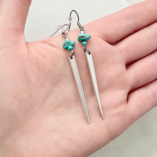 Fork Tine and Bead Drop Earrings (Turquoise), Reclaimed Silverware Earrings, Vintage Fork Jewelry