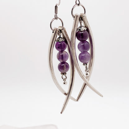 Double Fork Tine and Bead Drop Earrings (Amethyst), Reclaimed Silverware Earrings, Vintage Fork Jewelry Earrings callistafaye   