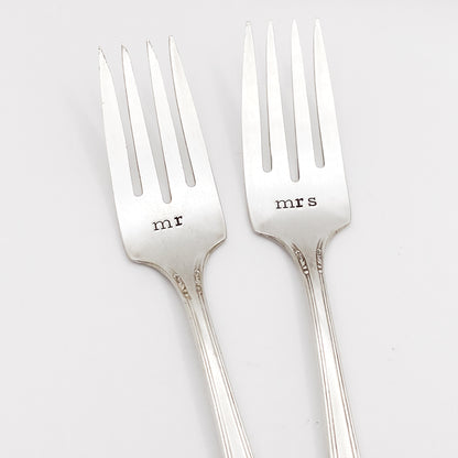 Mr & Mrs, Wedding Fork SET, Hand Stamped Vintage Fork Forks callistafaye   