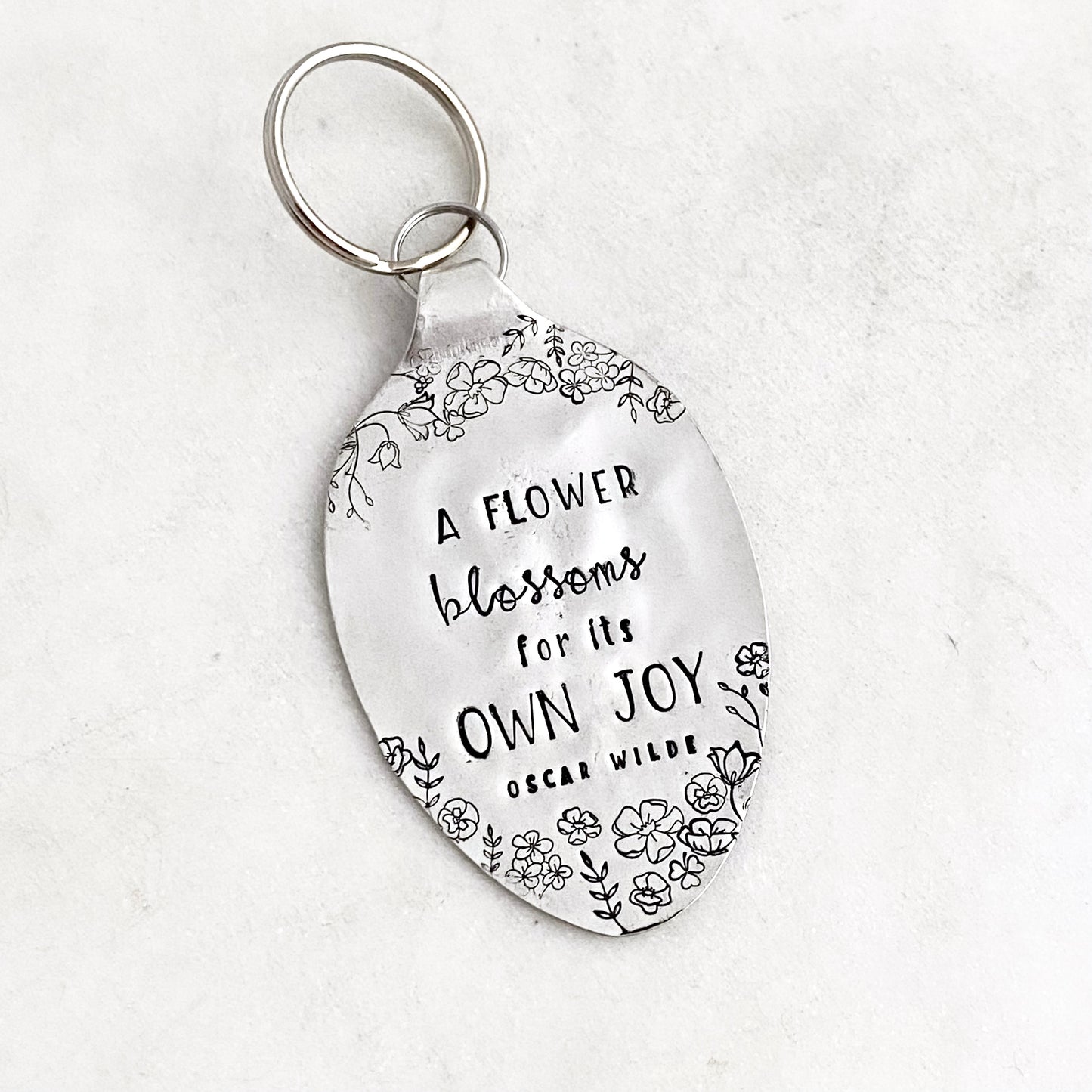 A Flower Blossoms for its Own Joy, Hand Stamped Vintage Spoon Keychain Keychains callistafaye   