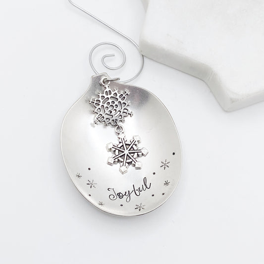 Joyful, Spoon Bowl Ornament, Hand Stamped Vintage Spoon Ornament, Snowflake Ornament Ornaments callistafaye   