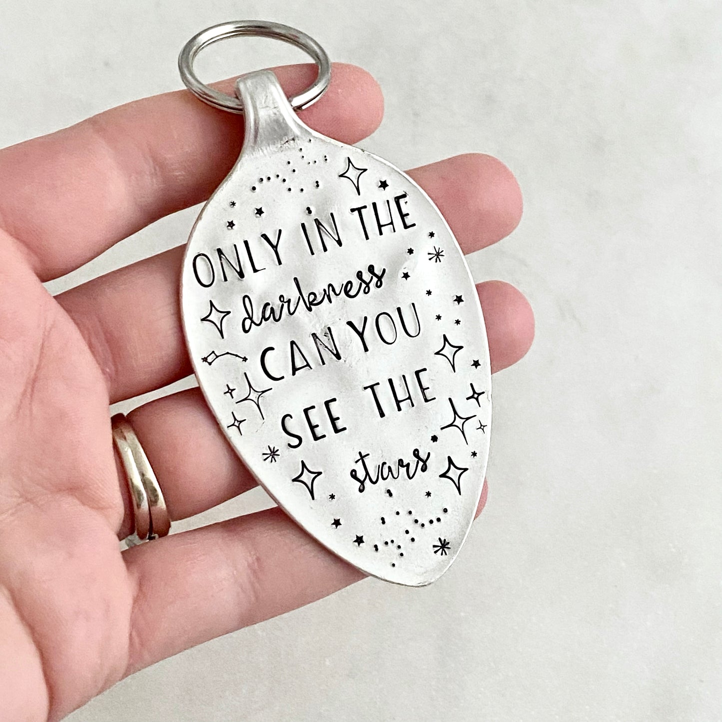 Only in the Darkness Can You See the Stars, Hand Stamped Vintage Spoon Keychain Keychains callistafaye   