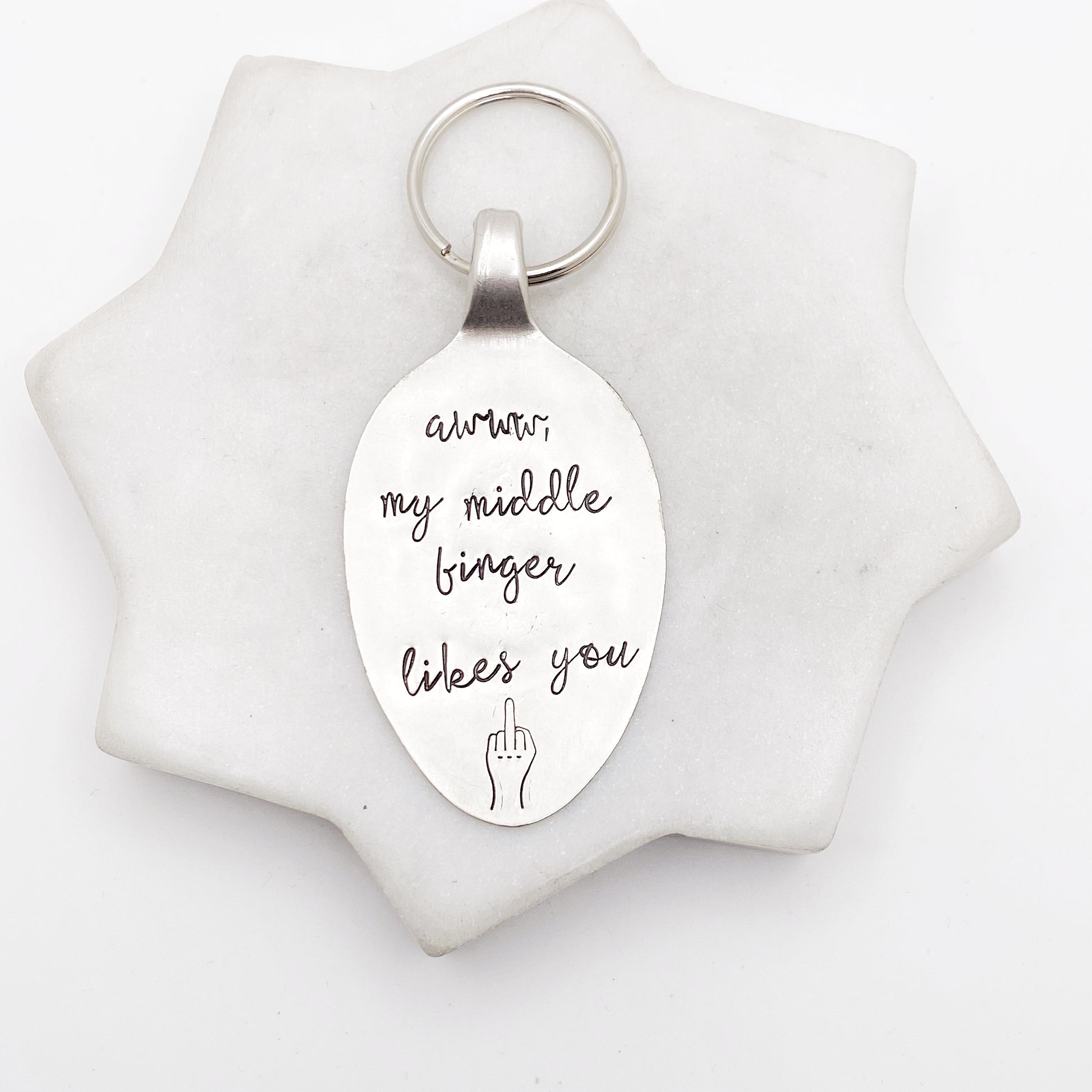 Awww My Middle Finger Likes You, Hand Stamped Vintage Spoon Keychain Keychains callistafaye