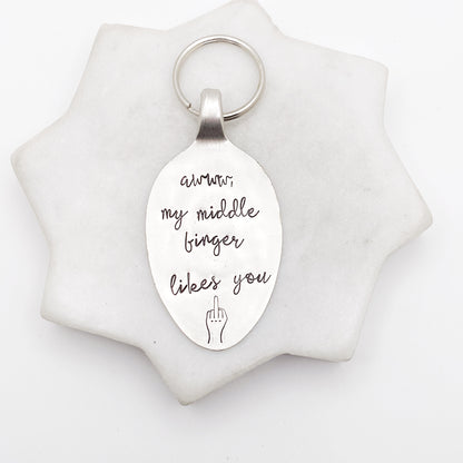 Awww My Middle Finger Likes You, Hand Stamped Vintage Spoon Keychain Keychains callistafaye