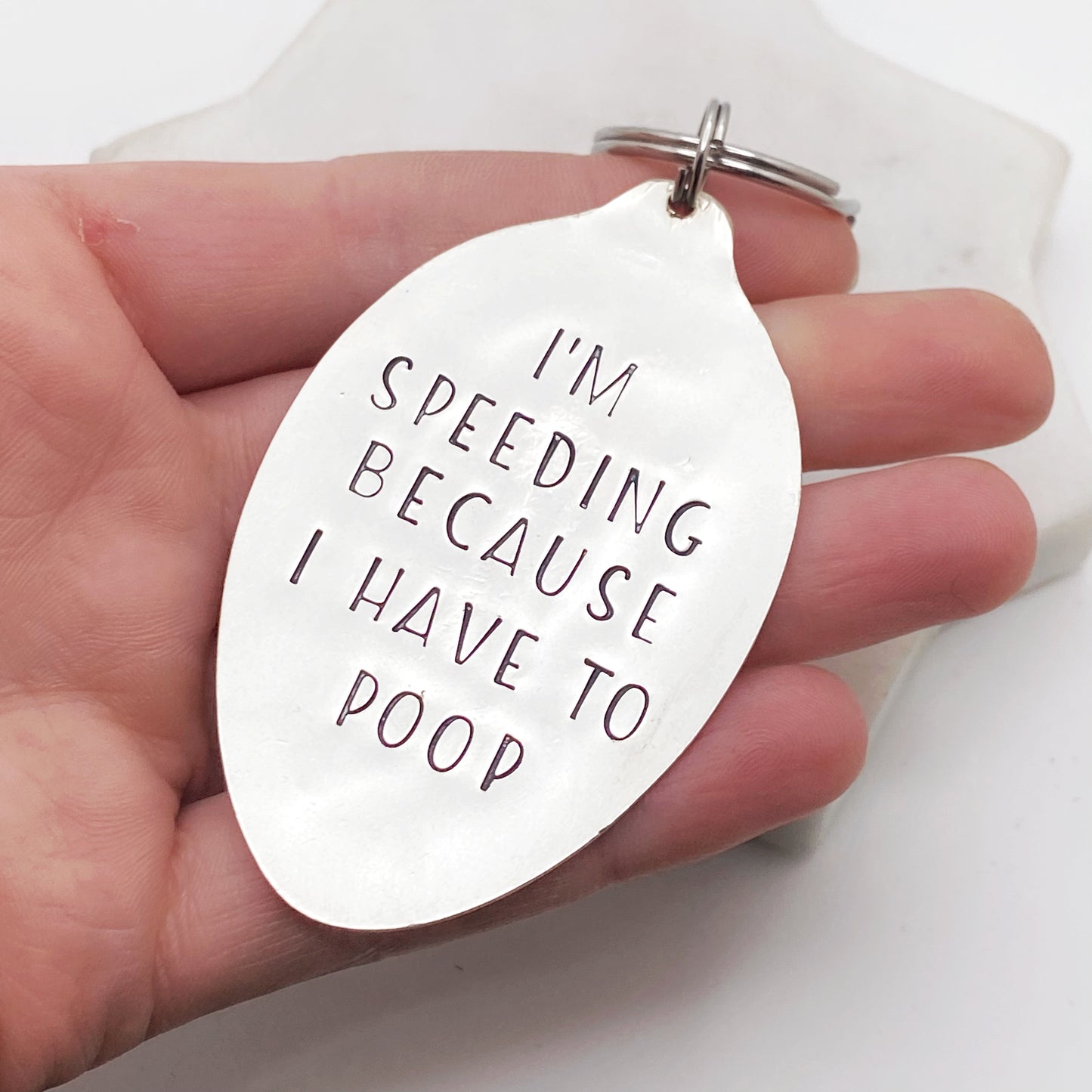 I'm Speeding Because I Have to Poop, Hand Stamped Vintage Spoon Keychain Keychains callistafaye   