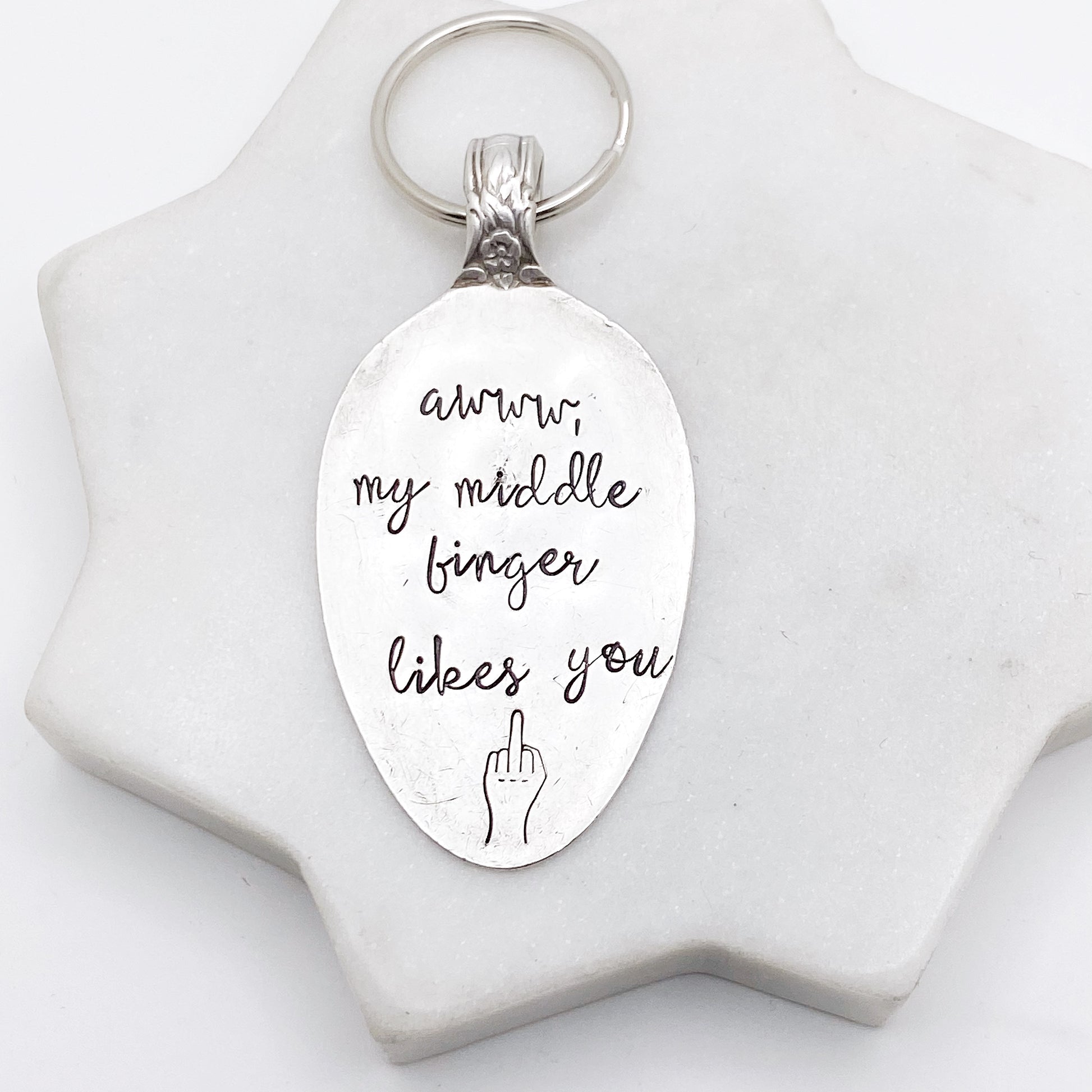 Awww My Middle Finger Likes You, Hand Stamped Vintage Spoon Keychain Keychains callistafaye   