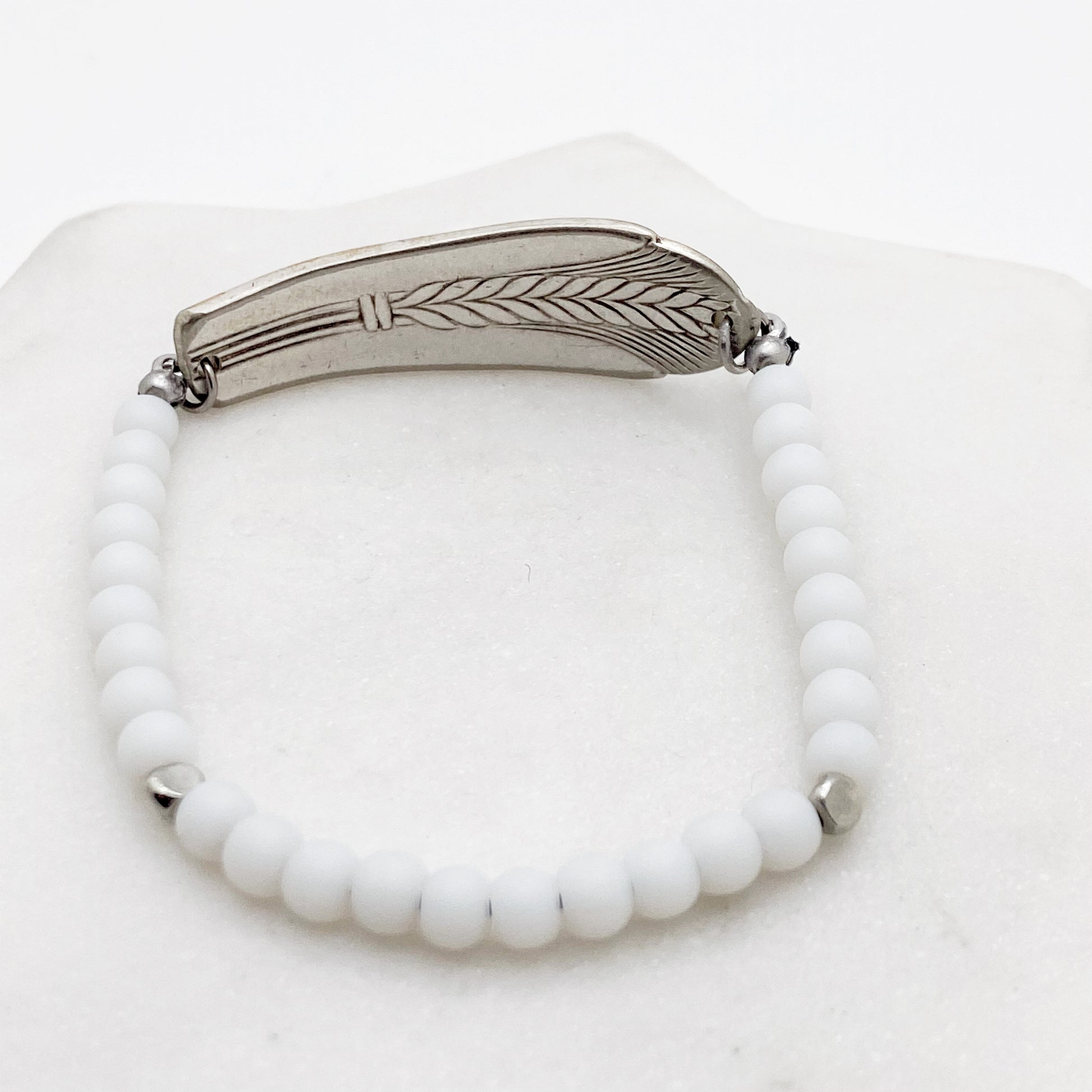 Allure 1939, White Sea Glass, Beaded Silverware Stretch Bracelet, Vintage Spoon Handle, Antique Spoon Bracelet Bracelets callistafaye   