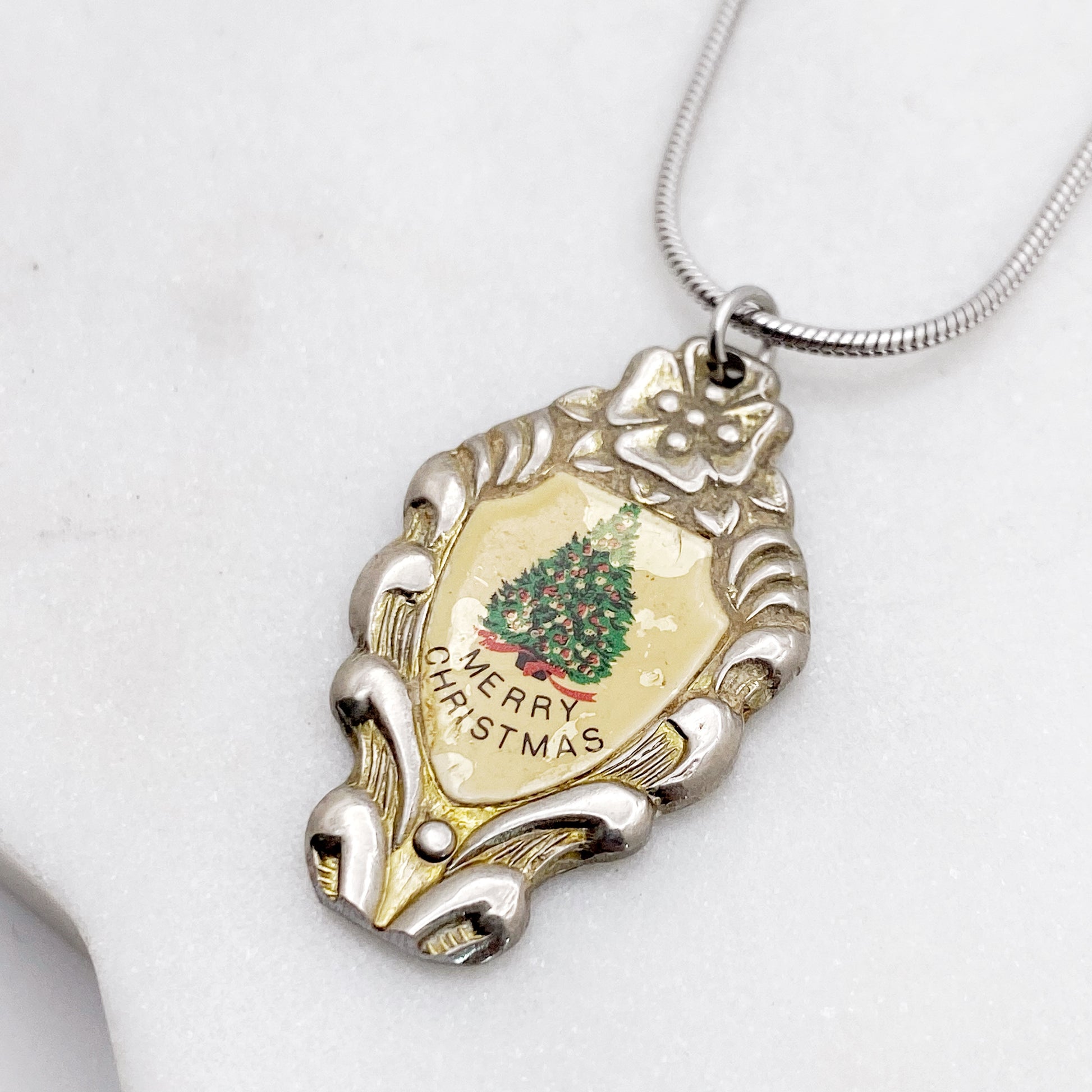 Merry Christmas, Christmas Tree Pendant, Reclaimed Collector's Spoon Necklace, Vintage Souvenir Spoon Jewelry Necklaces callistafaye   