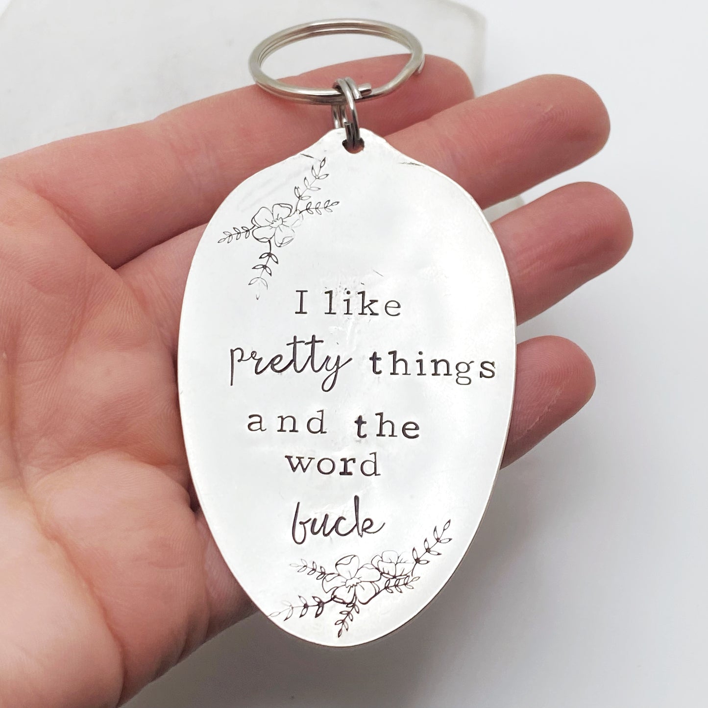 I Like Pretty Things and the Word Fuck, Hand Stamped Vintage Spoon Keychain Keychains callistafaye   