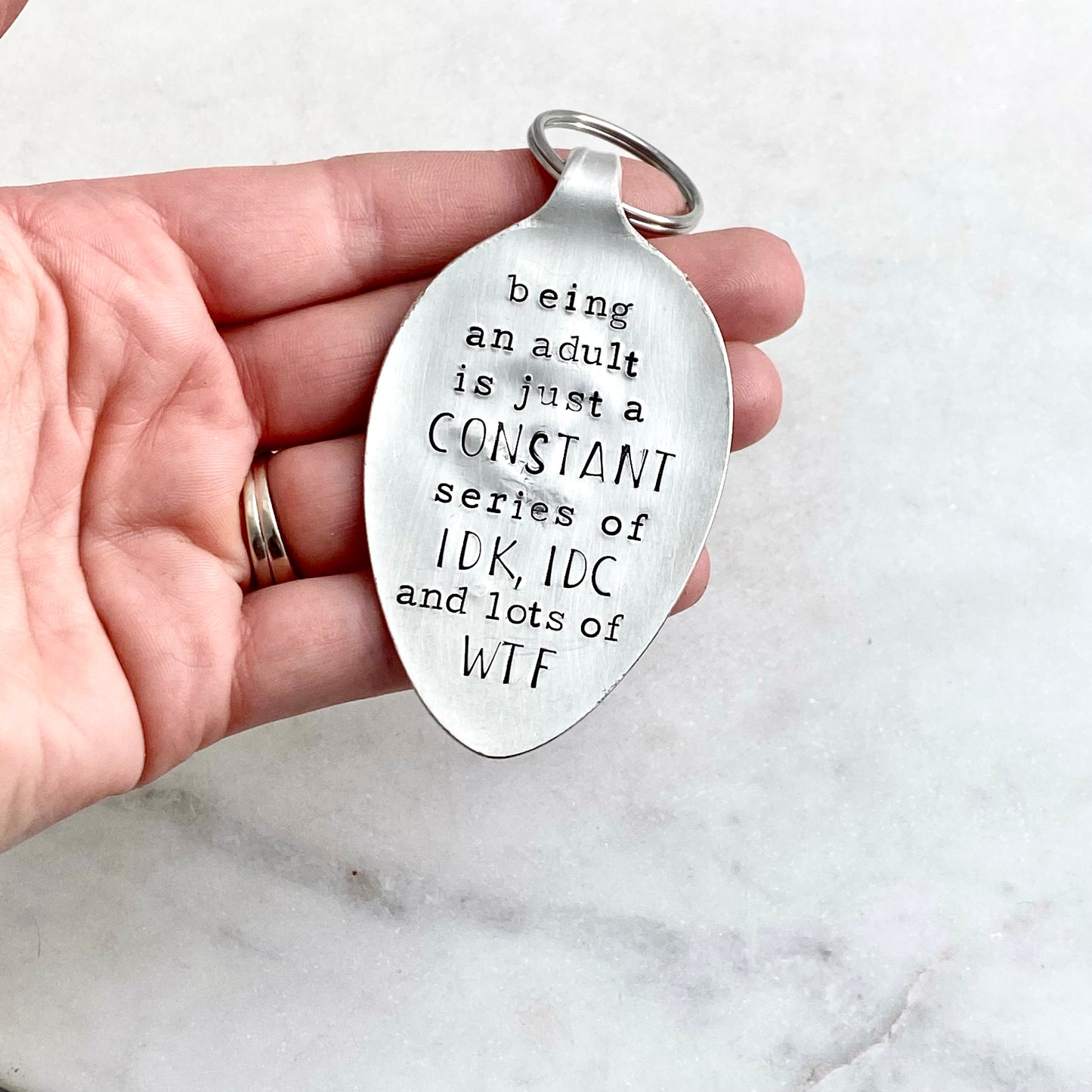 Being an Adult..., Hand Stamped Vintage Spoon Keychain Keychains callistafaye   