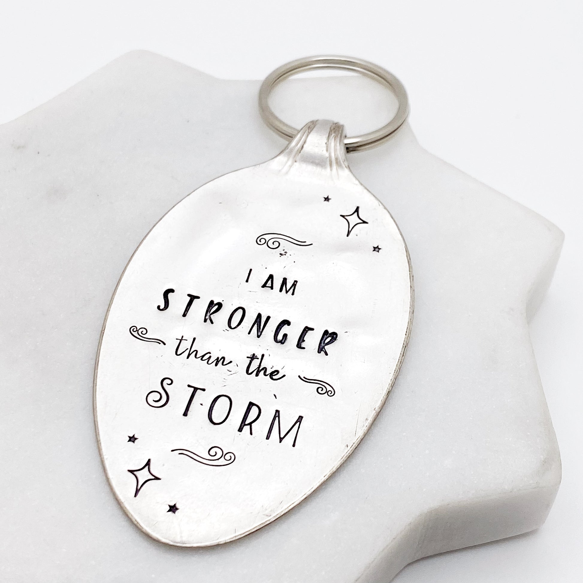 I am Stronger Than the Storm, Hand Stamped Vintage Spoon Keychain Keychains callistafaye   