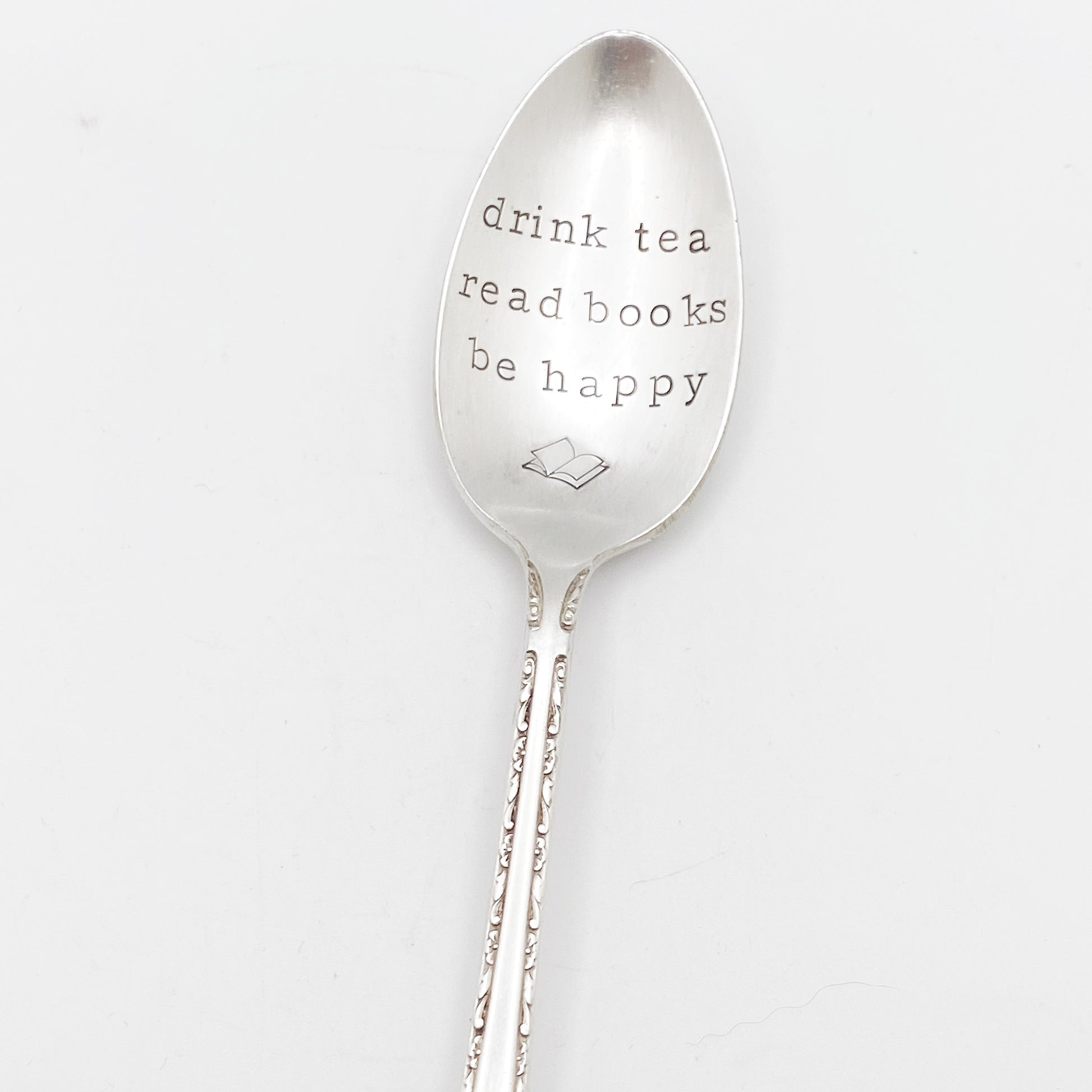 Drink Tea Read Books Be Happy, Hand Stamped Vintage Spoon Spoons callistafaye