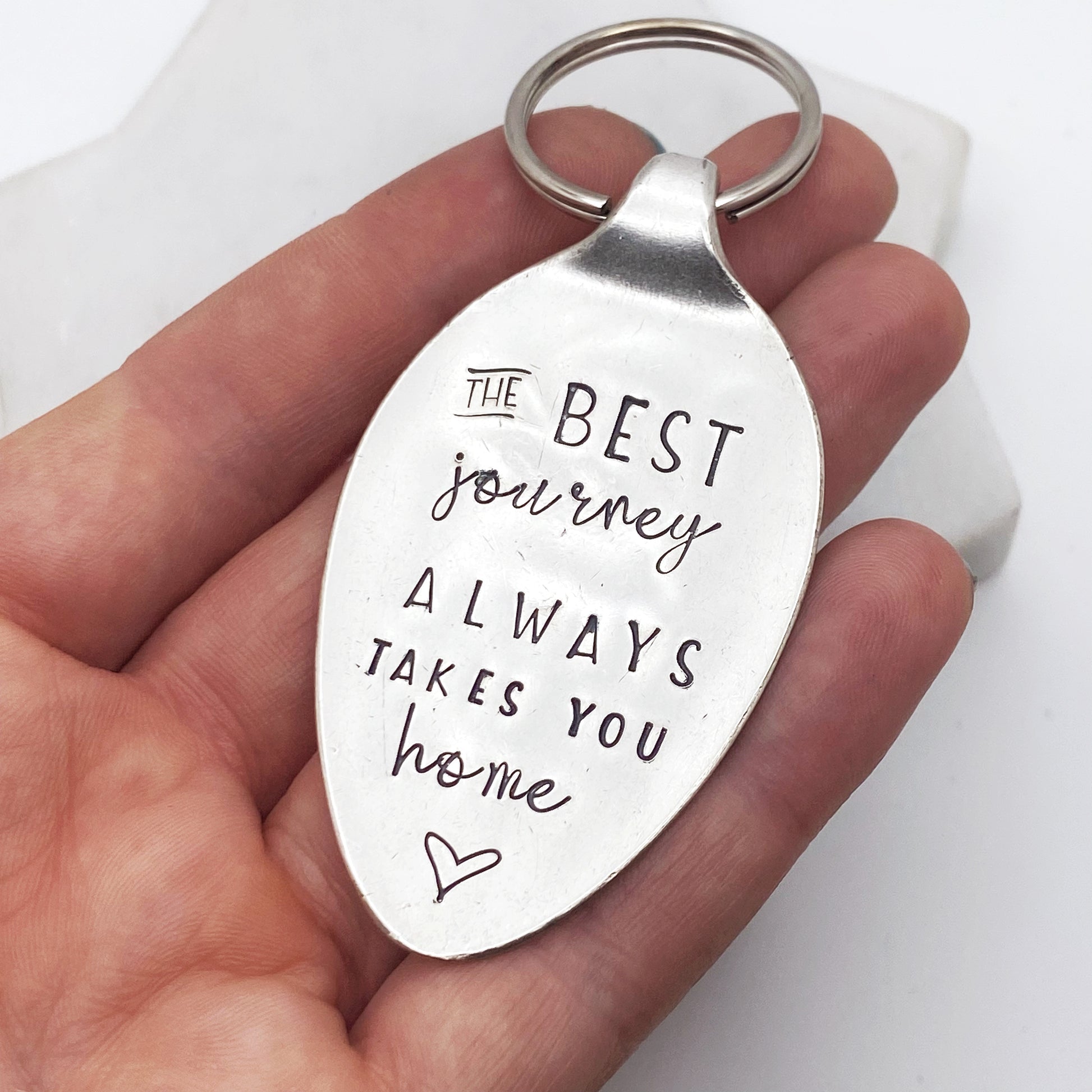 The Best Journey Always Takes You Home, Hand Stamped Vintage Spoon Keychain Keychains callistafaye   