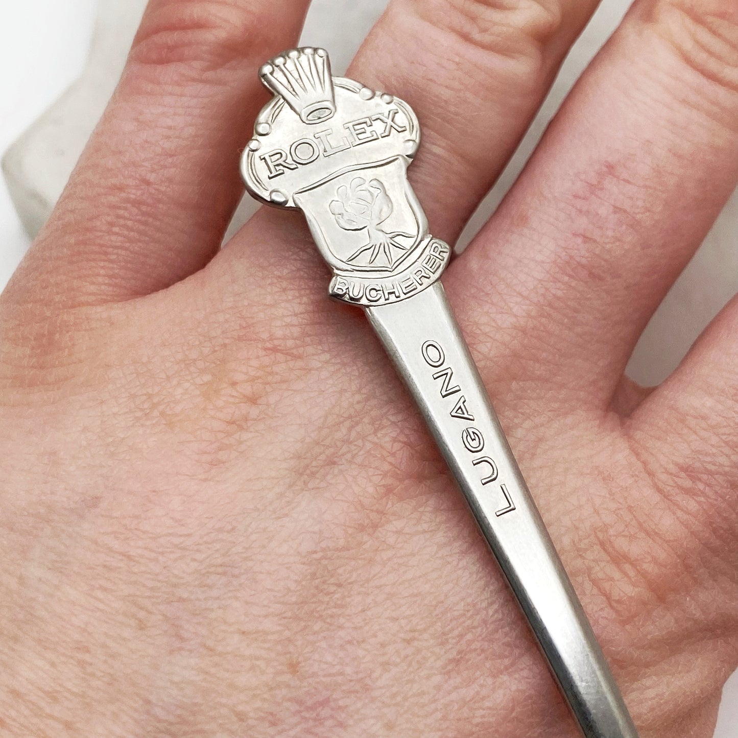 Rolex Spoon Ring, Custom Size, Rolex Rose, Lugano, RARE Vintage Souvenir Spoon Ring, Stainless Steel Spoon Ring, Reclaimed Collector's Spoon Ring Rings callistafaye