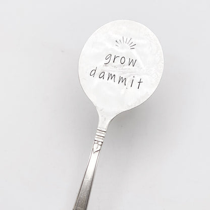 Grow Dammit, Plant Marker, Vintage Spoon Plant Stake, Hand Stamped Houseplant Decor Plant Stake callistafaye