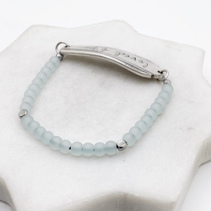 Loved, Paramount 1933, Pale Blue Sea Glass, Beaded Silverware Stretch Bracelet, Vintage Spoon Handle, Antique Spoon Bracelet Bracelets callistafaye