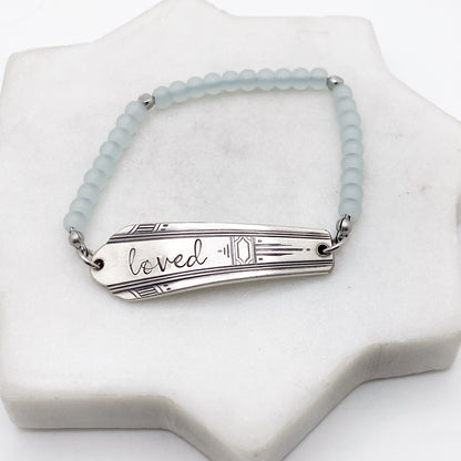 Loved, Paramount 1933, Pale Blue Sea Glass, Beaded Silverware Stretch Bracelet, Vintage Spoon Handle, Antique Spoon Bracelet Bracelets callistafaye