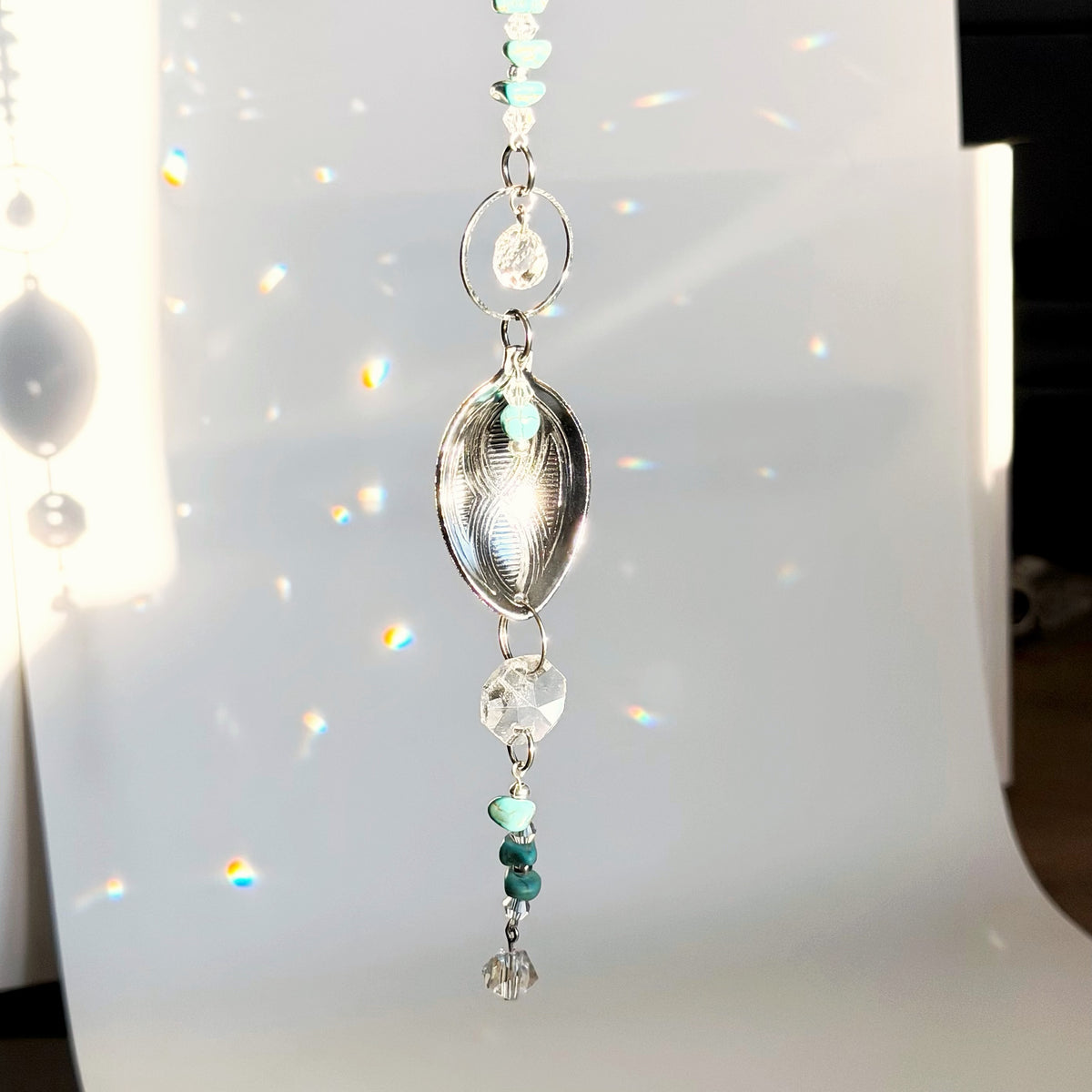 Turquoise Sun Catcher, Small Sun Catcher Crystal, Vintage Silverware Window Ornament
