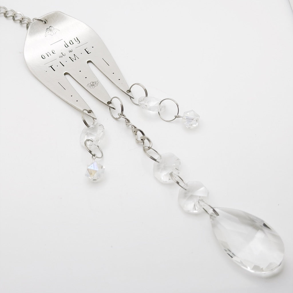 One Day at a Time, Large Sun Catcher Crystal, Vintage Silverware Window Ornament