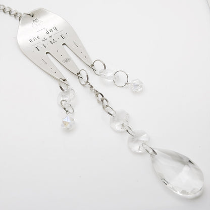 One Day at a Time, Large Sun Catcher Crystal, Vintage Silverware Window Ornament