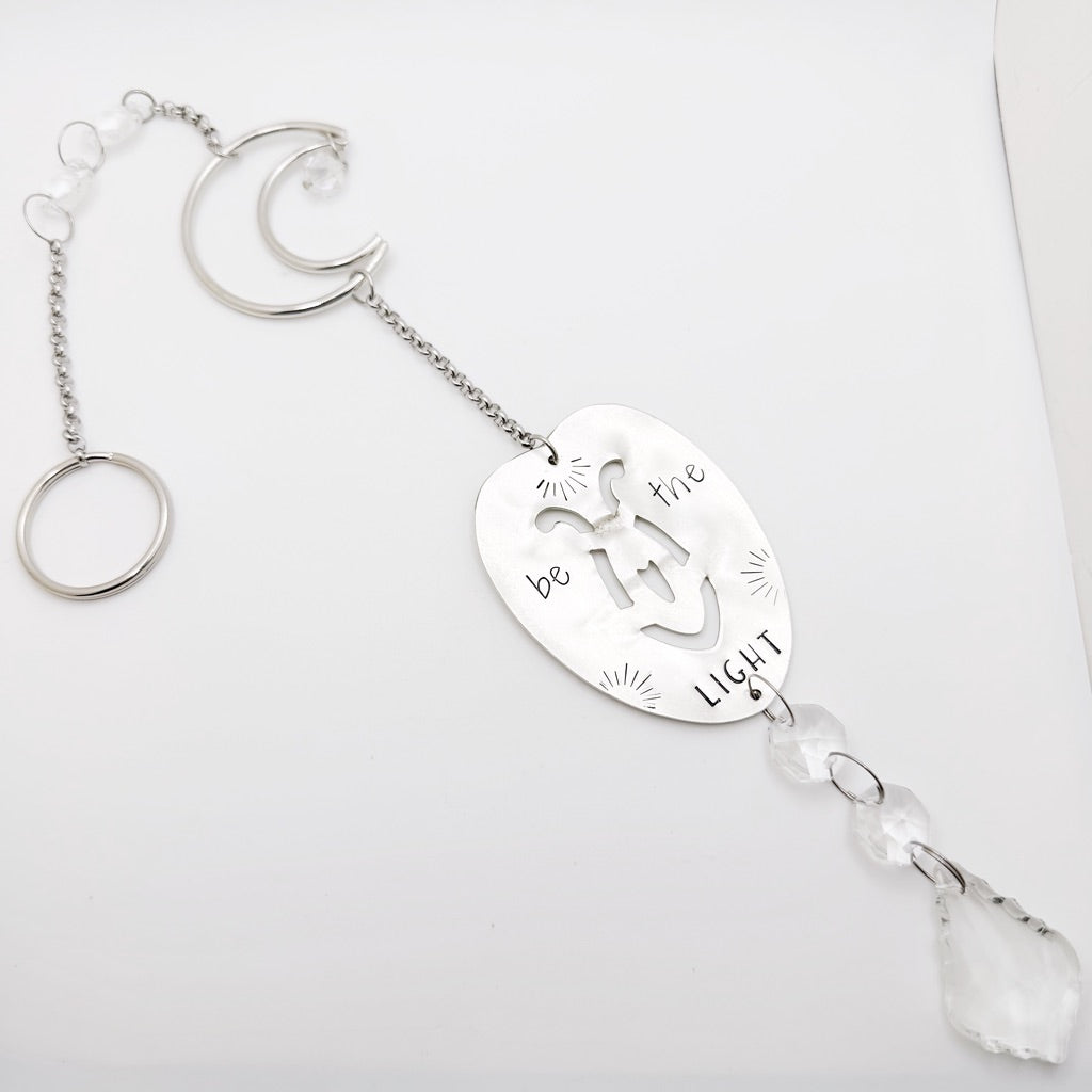 Be the Light, Large Sun Catcher Crystal, Vintage Silverware Window Ornament