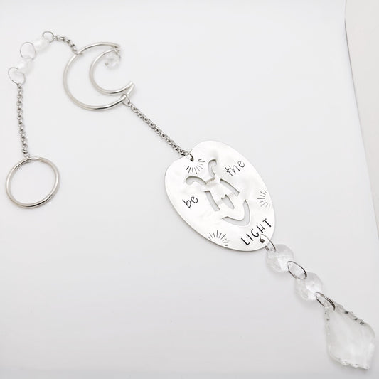 Be the Light, Large Sun Catcher Crystal, Vintage Silverware Window Ornament