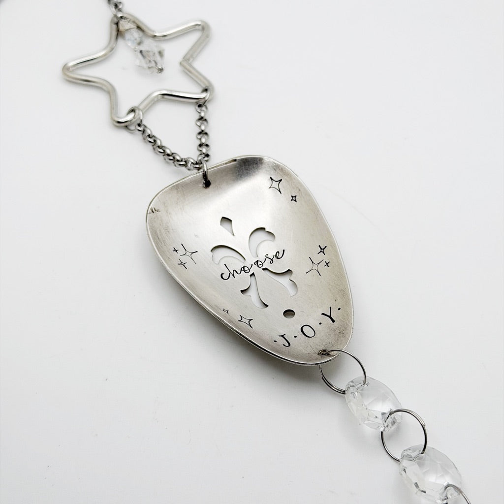 Choose Joy, Large Sun Catcher Crystal, Vintage Silverware Window Ornament