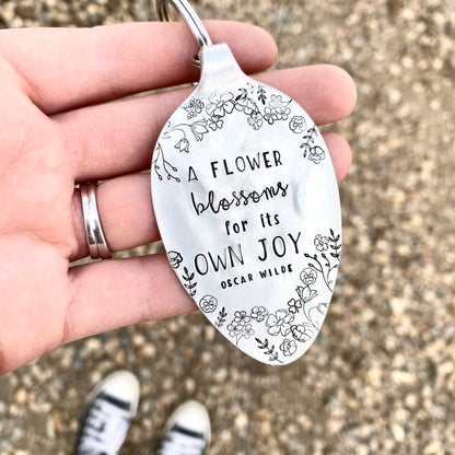 A Flower Blossoms for its Own Joy, Hand Stamped Vintage Spoon Keychain Keychains callistafaye   