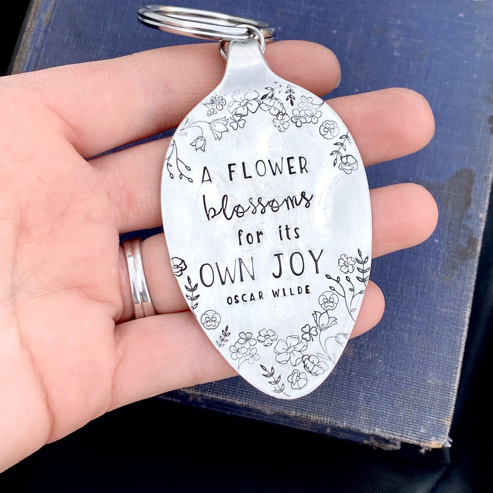 A Flower Blossoms for its Own Joy, Hand Stamped Vintage Spoon Keychain Keychains callistafaye   