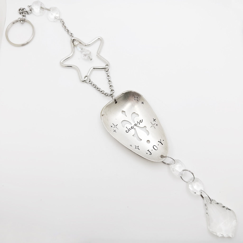 Choose Joy, Large Sun Catcher Crystal, Vintage Silverware Window Ornament