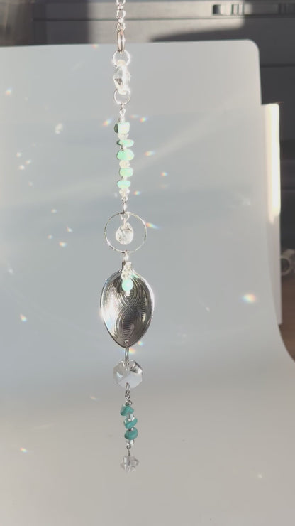Turquoise Sun Catcher, Small Sun Catcher Crystal, Vintage Silverware Window Ornament
