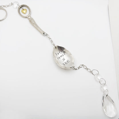 Here Comes the Sun, Large Sun Catcher Crystal, Vintage Silverware Window Ornament
