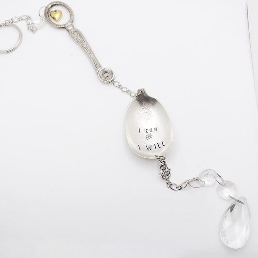 I Can and I Will, Large Sun Catcher Crystal, Vintage Silverware Window Ornament