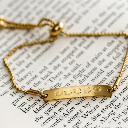 Custom Birth Flower Adjustable Bar Bracelet, Personalized Birth Flower Bracelets callistafaye Gold  
