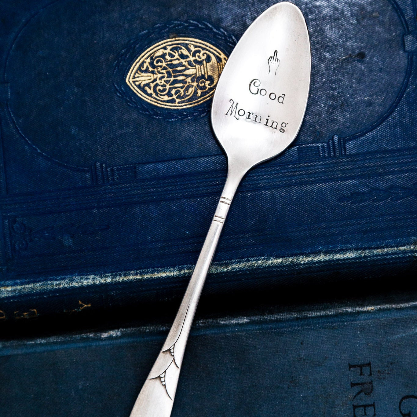 Good Morning (middle finger), Hand Stamped Vintage Spoon Spoons callistafaye   