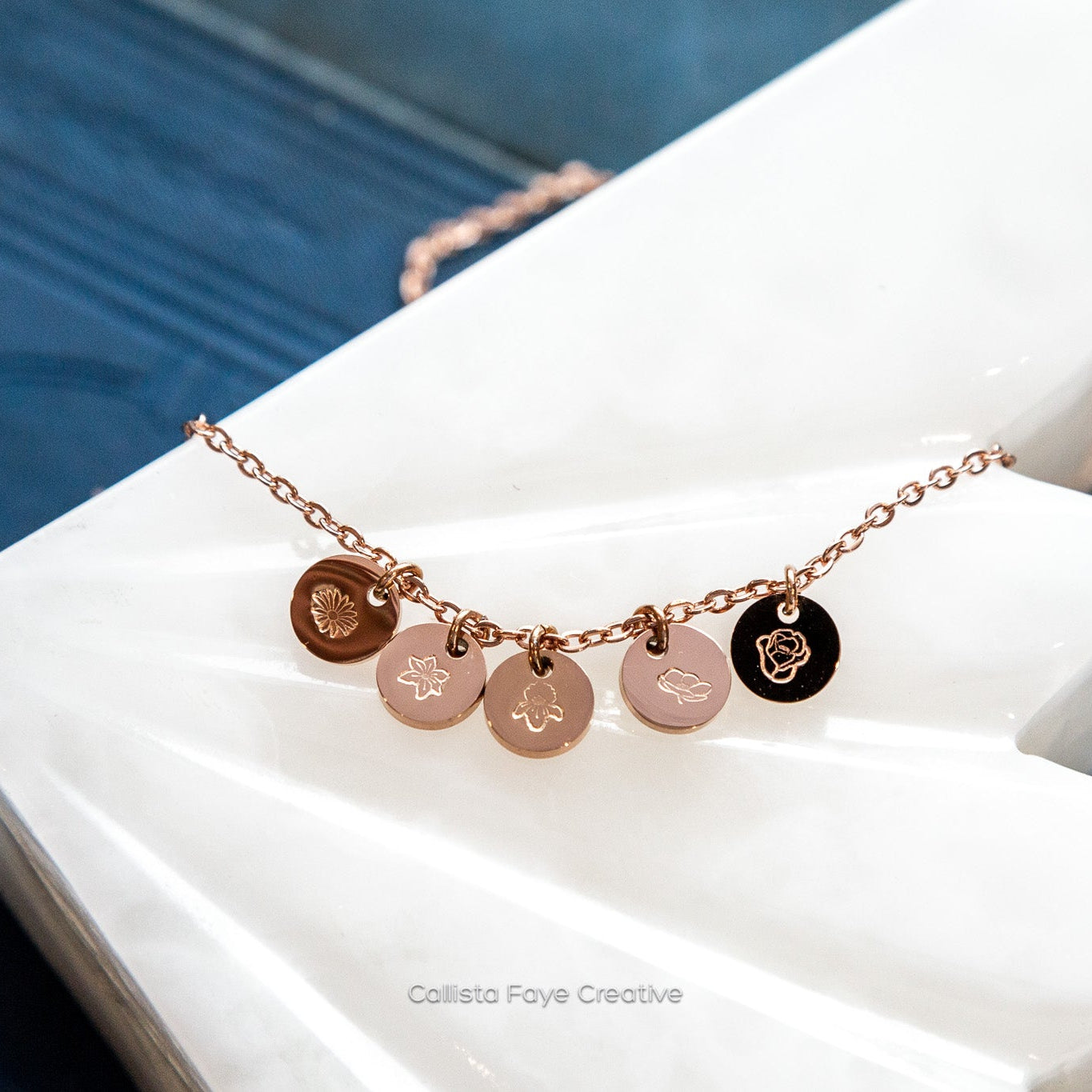 Custom Initial / Birth Flower, Mini Coin Necklace, Personalized Necklaces callistafaye 5 Charms Rose Gold 