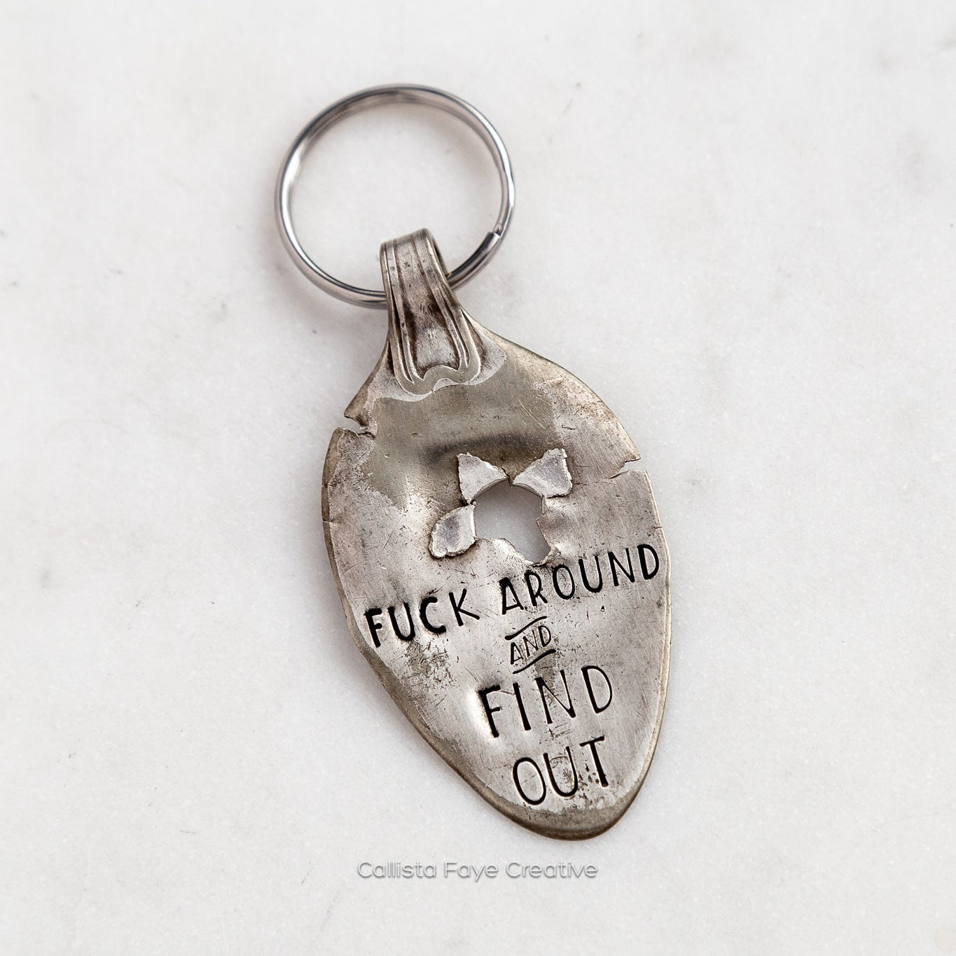 Fuck Around and Find Out, Bullet Hole, Hand Stamped Vintage Spoon Keychain Keychains callistafaye   