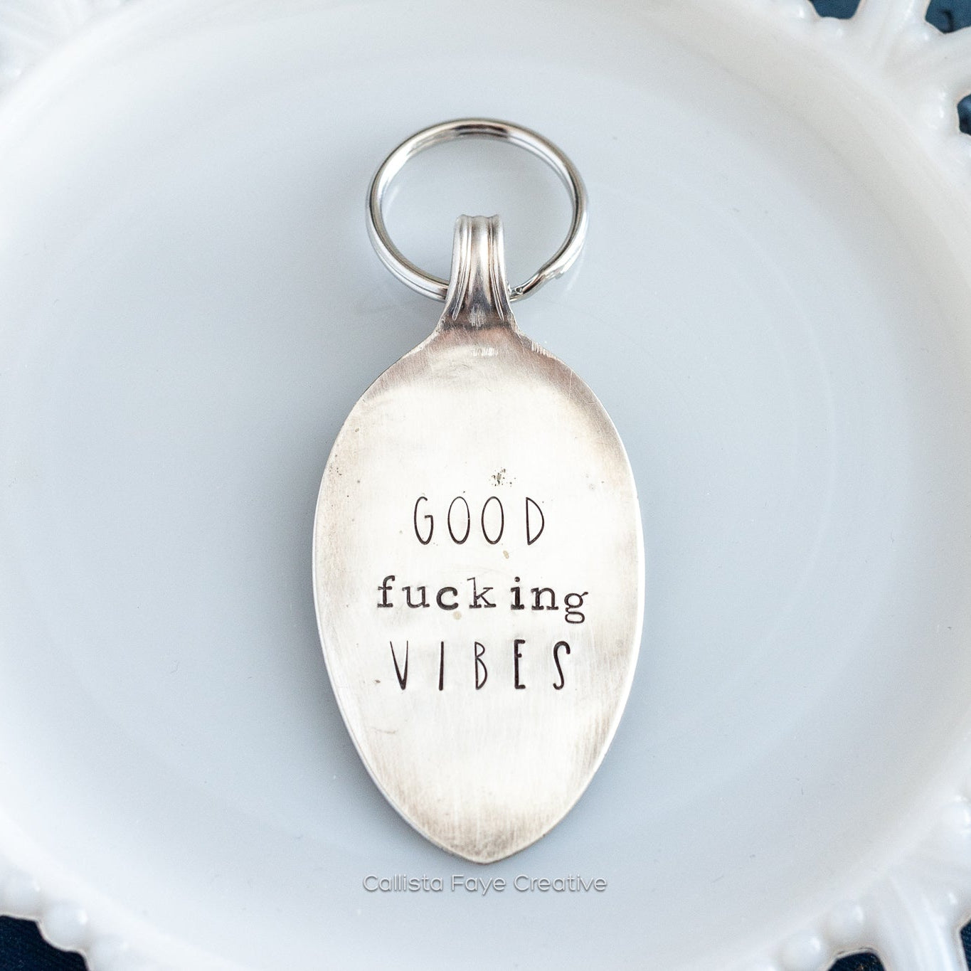 Good Fucking Vibes, Hand Stamped Vintage Spoon Keychain Keychains callistafaye   
