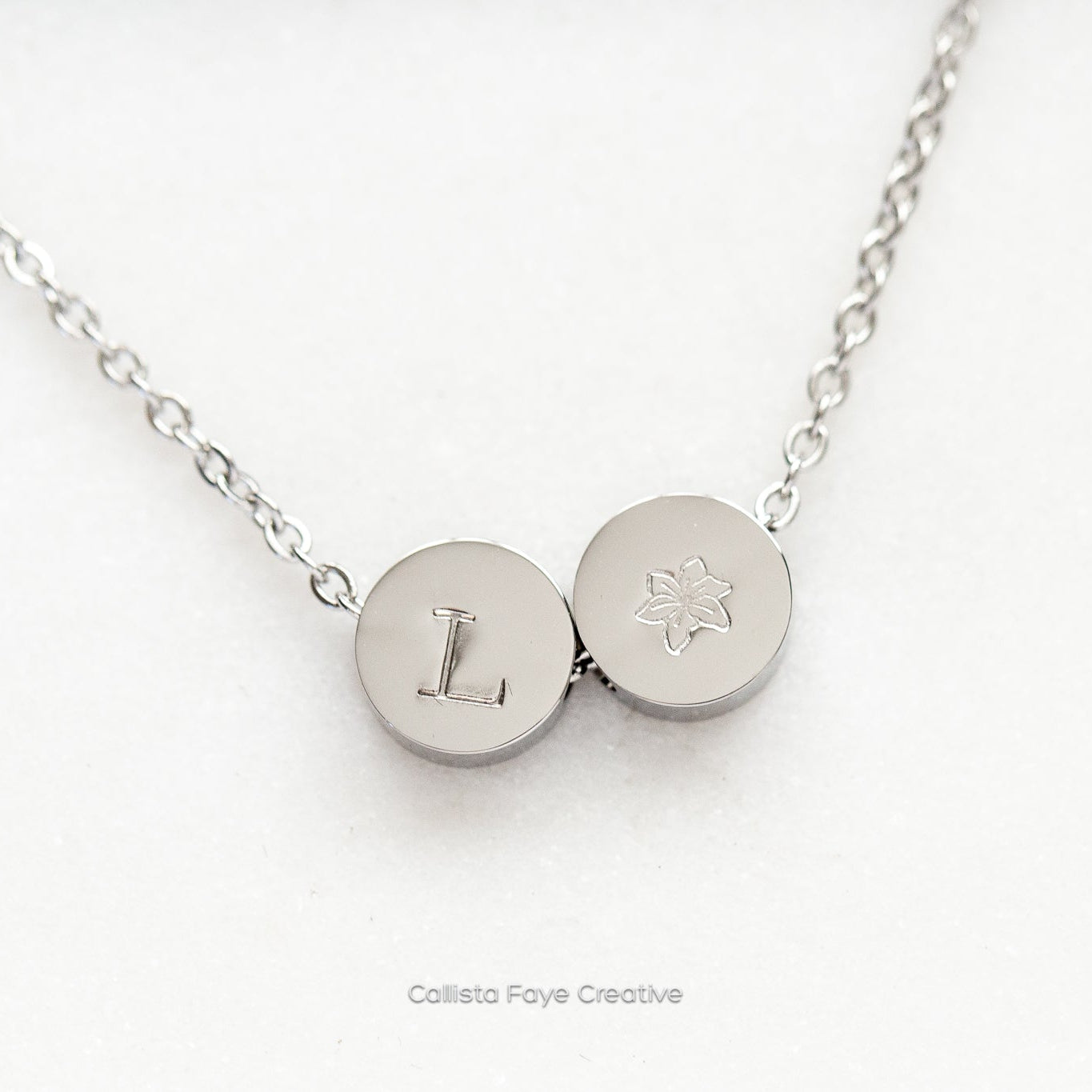 Custom Initial, Birth Flower Mini Coin Bead Necklace, Personalized Necklaces callistafaye 2 Beads Silver 