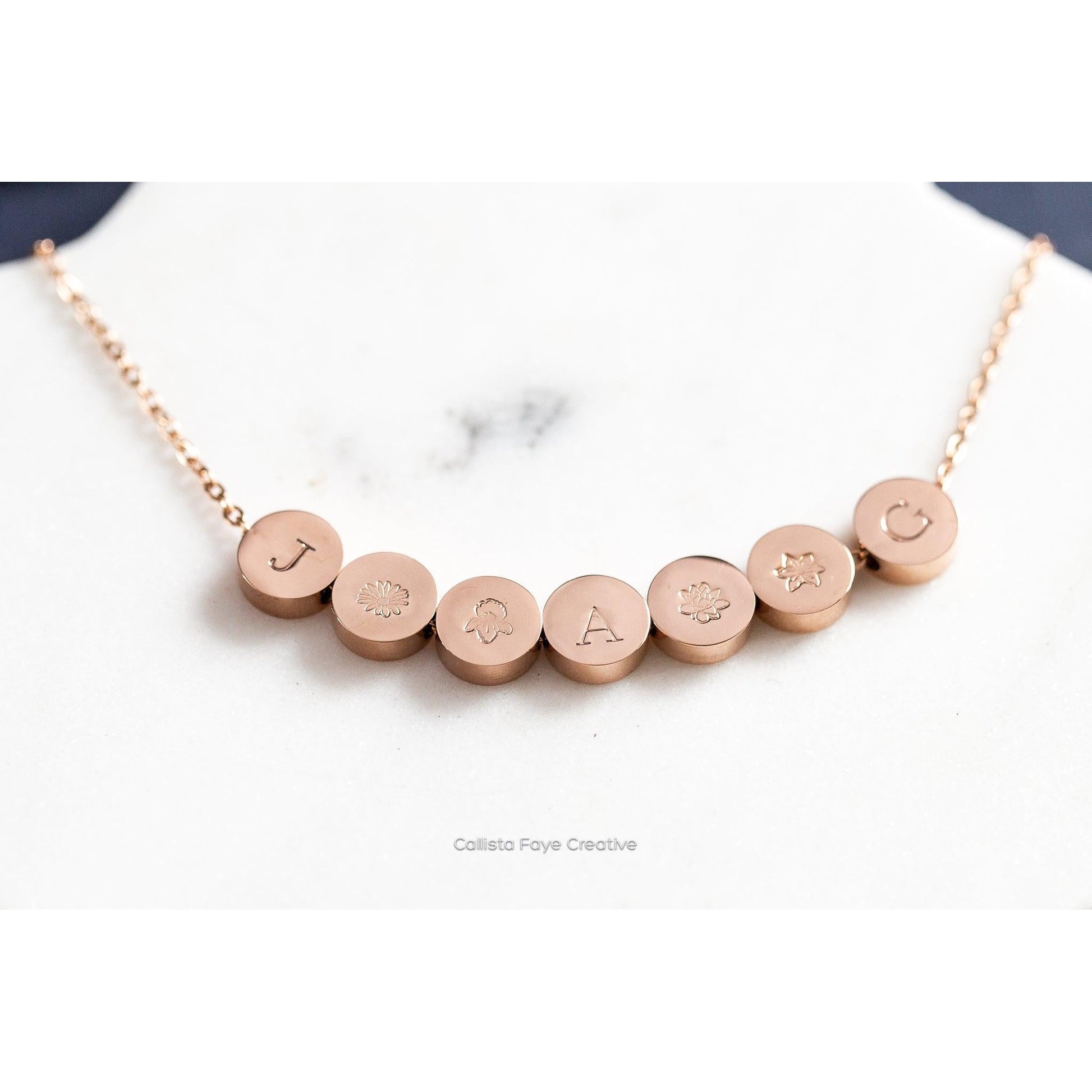 Custom Initial / Birth Flower Mini Coin BEAD Necklace, Personalized Necklaces callistafaye 7 Beads Rose Gold 