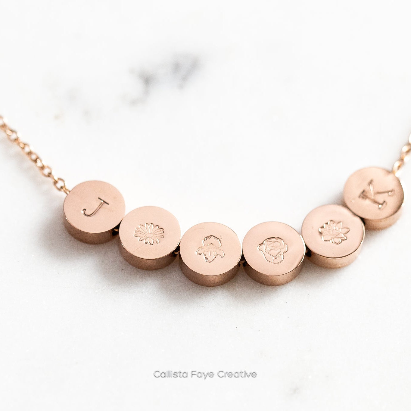 Custom Initial, Birth Flower Mini Coin Bead Necklace, Personalized Necklaces callistafaye 6 Beads Rose Gold 
