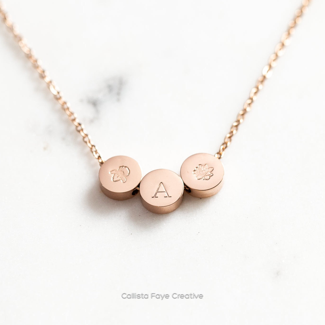 Custom Initial, Birth Flower Mini Coin Bead Necklace, Personalized Necklaces callistafaye 3 Beads Rose Gold 
