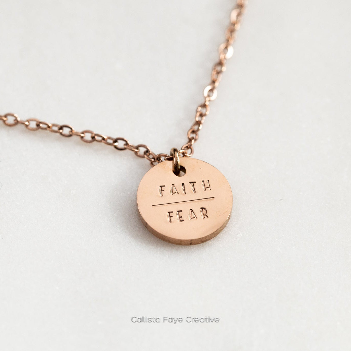 Faith | Fear, Hand Stamped Coin Necklace Necklaces callistafaye Rose Gold  