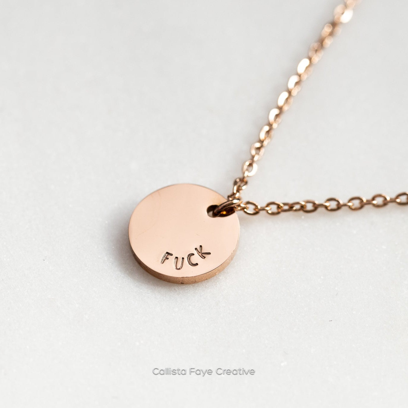 Fuck, Hand Stamped Coin Necklace Necklaces callistafaye Rose Gold  