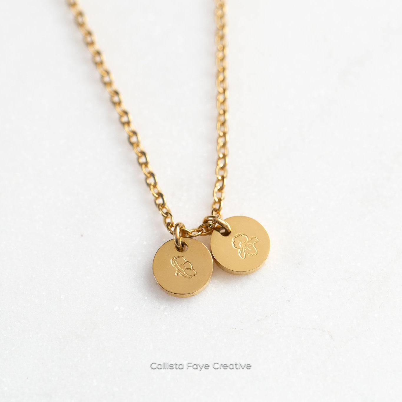 Custom Initial / Birth Flower, Mini Coin Necklace, Personalized Necklaces callistafaye 2 Charms Gold 
