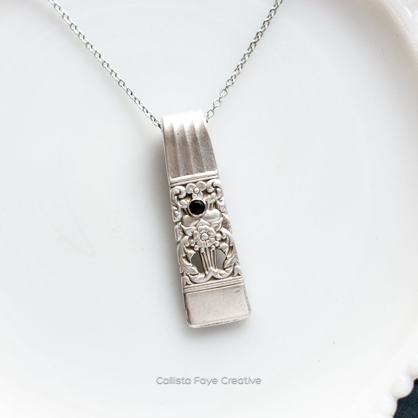 Coronation 1936, Spoon Handle Pendant with Crystal Rivet, Vintage Silver Necklace Necklaces callistafaye   