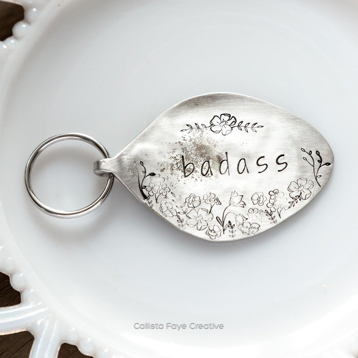 Badass Floral, Hand Stamped Vintage Spoon Keychain Keychains callistafaye   