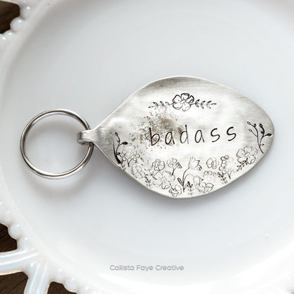 Badass Floral, Hand Stamped Vintage Spoon Keychain Keychains callistafaye   