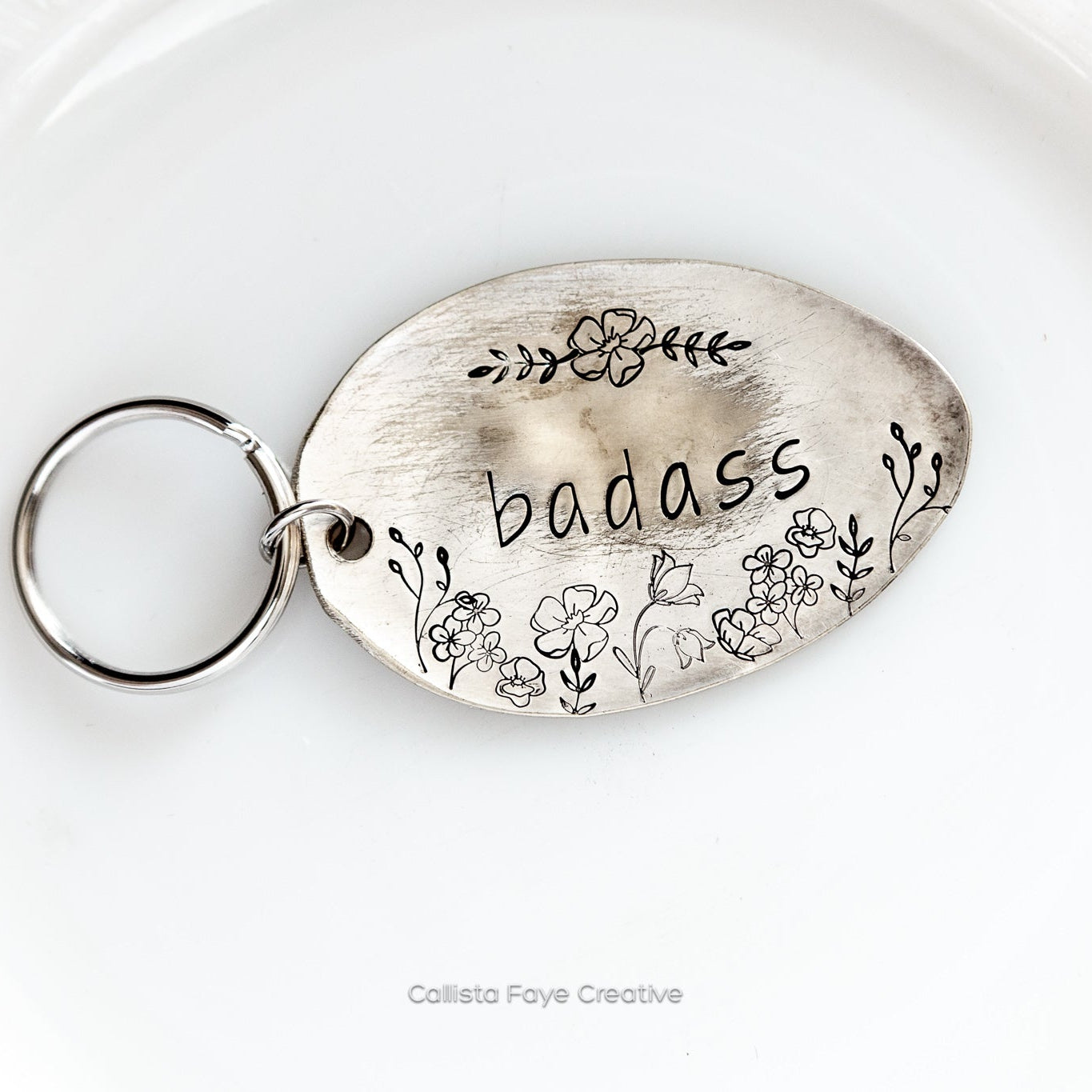 Badass Floral, Hand Stamped Vintage Spoon Keychain Keychains callistafaye   